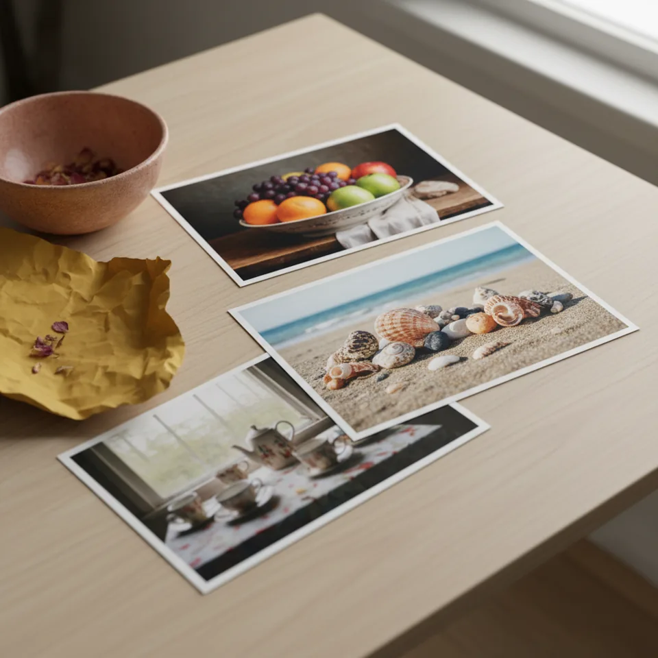 Illustrative studio still-life sheets — not actual business premises
